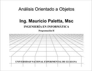 Presentación




  Análisis Orientado a Objetos

  Ing. Mauricio Paletta, Msc
      INGENIERÍA EN INFORMÁTICA
                Programación II




UNIVERSIDAD NACIONAL EXPERIMENTAL DE GUAYANA

                             Programación II
 