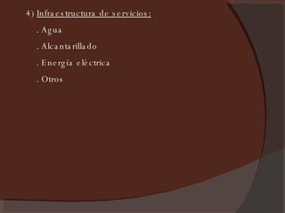 4)  Infraestructura de servicios: . Agua . Alcantarillado . Energía eléctrica . Otros 