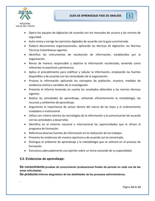 REGIONAL
VALLE DEL CAUCA
Página 13 de 15
GUÍA DE APRENDIZAJE FASE DE ANALISIS 1
Opera los equipos de digitación de acuerdo con los manuales de usuario y las normas de
seguridad.
Auto-revisa y corrige los ejercicios digitados de acuerdo con la guía suministrada.
Elabora documentos organizacionales, aplicando las técnicas de digitación; las Normas
Técnicas Colombianas vigentes.
Identifica los instrumentos de recolección de información, establecidos por la
organización.
Revisa de manera responsable y objetiva la información recolectada, teniendo como
referentes la exactitud y pertinencia.
Aplica el procedimiento para codificar y tabular la información, empleando las fuentes
disponibles y de acuerdo con las necesidades de la organización.
Procesa la información aplicando los conceptos de población, muestra, medidas de
tendencia central y variables de la investigación.
Presenta el informe teniendo en cuenta los resultados obtenidos y las normas técnicas
vigentes
Realiza las actividades de aprendizaje, utilizando eficientemente la metodología, los
recursos y ambientes de aprendizaje.
Argumenta la importancia de actuar dentro del marco de las leyes y el ordenamiento
ciudadano e institucional.
Utiliza con criterio técnico las tecnologías de la información y la comunicación de acuerdo
con las actividades a desarrollar.
Identifica en el entorno nacional e internacional las oportunidades que le ofrece el
programa de formación.
Referencia diversas fuentes de información en la realización de los trabajos.
Presenta las evidencias de manera oportuna y de acuerdo con lo concertado.
Distingue el ambiente de aprendizaje y la metodología que se utilizará en el proceso de
formación.
Estructura adecuadamente una opinión sobre un tema conocido de su especialidad.
5.2. Evidencias de aprendizaje:
De conocimiento:pruebas de conocimiento (evaluaciones finales de periodo en cada una de las
áreas articuladas).
De producto:Informe diagnóstico de las debilidades de los procesos administrativos.
.
 