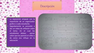 Descripción
• La exposición empezó con la
repartición de un organizador
grafico a cada estudiante.
• Seguidamente se procedió a
dar un video de reflexión sobre
el tema. En el cual los
estudiantes debían opinar
sobre que les pareció el video y
de como eso influye en la
educación