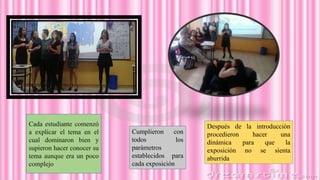 Cada estudiante comenzó
a explicar el tema en el
cual dominaron bien y
supieron hacer conocer su
tema aunque era un poco
complejo
Después de la introducción
procedieron hacer una
dinámica para que la
exposición no se sienta
aburrida
Cumplieron con
todos los
parámetros
establecidos para
cada exposición