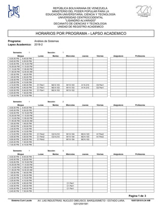 HORARIOS POR PROGRAMA - LAPSO ACADEMICO
Programa: Análisis de Sistemas
Lapso Academico: 2018-2
REPÚBLICA BOLIVARIANA DE VENEZUELA
MINISTERIO DEL PODER POPULAR PARA LA
EDUCACIÓN UNIVERSITARIA, CIENCIA Y TECNOLOGÍA
UNIVERSIDAD CENTROCCIDENTAL
"LISANDRO ALVARADO"
DECANATO DE CIENCIAS Y TECNOLOGIA
UNIDAD DE REGISTRO ACADEMICO
Lunes Miercoles Jueves ViernesMartesBloque ProfesoresAsignatura
Semestre: 1 Sección: 1
8.00.00 PM 8.45.00 PM
8.45.00 PM 9.30.00 PM
9.30.00 PM 10.15.00 PM
10.25.00 PM 11.10.00 PM
11.10.00 PM 11.55.00 PM
11.55.00 PM 12.40.00 AM
1.00.00 PM 1.45.00 PM
1.45.00 PM 2.30.00 PM
2.30.00 PM 3.15.00 PM
3.25.00 PM 4.10.00 PM
M2 K-103 M1 K-103 A1 K-210 O2 Pen14.10.00 PM C1 Pen14.55.00 PM
M2 K-103 M1 K-103 A1 K-210 O2 Pen14.55.00 PM C1 Pen15.40.00 PM
M2 K-103 M1 K-1036.00.00 PM C1 Pen16.45.00 PM
6.45.00 PM 7.30.00 PM
7.30.00 PM 8.15.00 PM
Lunes Miercoles Jueves ViernesMartesBloque ProfesoresAsignatura
Semestre: 1 Sección: 2
8.00.00 PM 8.45.00 PM
8.45.00 PM 9.30.00 PM
9.30.00 PM 10.15.00 PM
10.25.00 PM 11.10.00 PM
11.10.00 PM 11.55.00 PM
11.55.00 PM 12.40.00 AM
1.00.00 PM 1.45.00 PM
1.45.00 PM 2.30.00 PM
2.30.00 PM 3.15.00 PM
3.25.00 PM 4.10.00 PM
O2 K-210 M1 K-104 M2 K-103 A1 Pen24.10.00 PM C1 Pen24.55.00 PM
O2 K-210 M1 K-104 M2 K-103 A1 Pen24.55.00 PM C1 Pen25.40.00 PM
M1 K-104 M2 K-1036.00.00 PM C1 Pen26.45.00 PM
6.45.00 PM 7.30.00 PM
7.30.00 PM 8.15.00 PM
Lunes Miercoles Jueves ViernesMartesBloque ProfesoresAsignatura
Semestre: 1 Sección: 3
8.00.00 PM 8.45.00 PM
8.45.00 PM 9.30.00 PM
9.30.00 PM 10.15.00 PM
10.25.00 PM 11.10.00 PM
11.10.00 PM 11.55.00 PM
11.55.00 PM 12.40.00 AM
1.00.00 PM 1.45.00 PM
1.45.00 PM 2.30.00 PM
2.30.00 PM 3.15.00 PM
3.25.00 PM 4.10.00 PM
C1 Pen14.10.00 PM 4.55.00 PM
C1 Pen14.55.00 PM 5.40.00 PM
C1 Pen16.00.00 PM 6.45.00 PM
6.45.00 PM 7.30.00 PM
18/07/2018 9.34 AM
Pagina 1 de 3
Sistema Cum Laude AV. LAS INDUSTRIAS. NUCLEO OBELISCO. BARQUISIMETO - ESTADO LARA.
02512591581
 