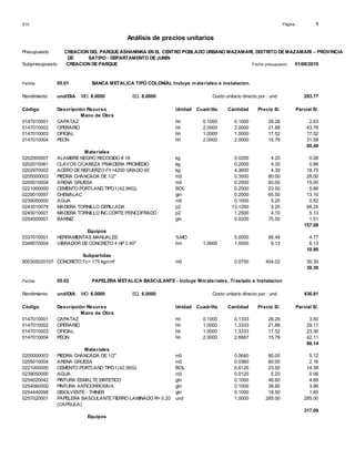 S10 Página : 1
Análisis de precios unitarios
Presupuesto CREACION DEL PARQUE ASHANINKA EN EL CENTRO POBLADO URBANO MAZAMAR...