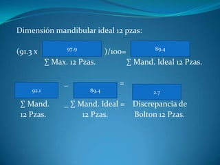 Dimensión mandibular ideal 12 pzas:
97.9

(91.3 x

)/100=

∑ Max. 12 Pzas.
_
92.1

∑ Mand.
12 Pzas.

89.4

∑ Mand. Ideal 12 Pzas.
=

89.4

2.7

_ ∑ Mand. Ideal = Discrepancia de
12 Pzas.
Bolton 12 Pzas.

 