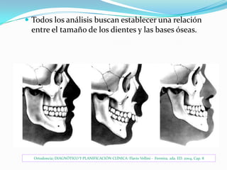  Todos los análisis buscan establecer una relación

entre el tamaño de los dientes y las bases óseas.

Ortodoncia; DIAGNÓTICO Y PLANIFICACIÓN CLÍNICA: Flavio Vellini - Ferreira, 2da. ED. 2004, Cap. 8

 