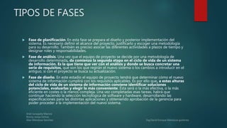 TIPOS DE FASES
 Fase de planificación. En esta fase se prepara el diseño y posterior implementación del
sistema. Es necesario definir el alcance del proyecto, justificarlo y escoger una metodología
para su desarrollo. También es preciso asociar las diferentes actividades a plazos de tiempo y
designar roles y responsabilidades.
 Fase de análisis. Una vez que el equipo de proyecto se decide por una metodología de
desarrollo determinada, da comienzo la segunda etapa en el ciclo de vida de un sistema
de información. Es la que tiene que ver con el análisis y donde se busca concretar una
serie de requisitos, que son los que regirán el nuevo sistema o los cambios a introducir en el
antiguo, si con el proyecto se busca su actualización.
 Fase de diseño. En este estadio el equipo de proyecto tendrá que determinar cómo el nuevo
sistema de información cumplirá con los requisitos aplicables. Es por ello que, a estas alturas
del ciclo de vida de un sistema de información conviene identificar soluciones
potenciales, evaluarlas y elegir la más conveniente. Ésta será o la más efectiva, o la más
eficiente en costes o la menos compleja. Una vez completadas esas tareas, habrá que
continuar haciendo la selección tecnológica de software y hardware, desarrollando las
especificaciones para las distintas aplicaciones y obteniendo aprobación de la gerencia para
poder proceder a la implementación del nuevo sistema.
 