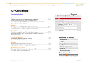 Análisis de 12 aerolíneas internacionales                       Introducción > Criterios >Análisis> Conclusiones




 Air Greenland
 www.airgreenland.com

 Número de pasos
 ¿Cuántos pasos son necesarios para realizar el proceso?                            1
 Son necesarios 5 pasos. Es un tanto lioso. Existen ítems y
 funcionalidades en Danés. Difícil de entender. Cuesta adivinar cual es el
 siguiente paso. Bien para lugareños.

 Sencillez
 ¿Es un proceso sencillo? ¿Qué complicaciones existen?                              1
 Proceso dificultoso. El idioma resulta un gran hándicap.

 Navegación
 ¿Tiene una navegación clara? ¿Se entienden los pasos?                              1
 La navegación resulta difícil. Sobre todo por la falta de soportes en
 idiomas extranjeros.

 Orden de los elementos                                                                                   Valoración de los apartados
 ¿Se disponen de forma ordenada y lógica?                                           1
 Es un tanto difícil de adivinar.                                                                          Número pasos                                    1
                                                                                                           Sencillez                                       1
 Ancillaries
 ¿Existen ancillaries? ¿Dónde se muestran?                                          1                      Navegación                                      1
 En principio no. El idioma resulta un hándicap serio.
                                                                                                           Orden de los elementos                          1
 Necesidades de los usuarios                                                                               Ancillaries
 ¿Se cubren todas las necesidades de los usuarios?                                  1                                                                      1
 Poco cubiertas si no conoces el idioma.                                                                   Necesidades usuarios                            1
                                                                                                          Puntuación general
                                                                                                               0      1
                                                                                                                      1      2                        3
                                                                                                             No existe   Mal aplicado   Correcto   Bien aplicado




© Copyright Arquinauta Consulting 2009                                                                                                                             Página 15
 