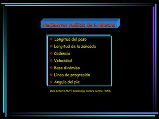  Longitud del paso
 Longitud de la zancada
 Cadencia
 Velocidad
 Base dinámica
 Línea de progresión
 Angulo del pie
Dale Schuit’s NUPT Kinesiology lecture outline, (1996)
Parámetros Análisis de la Marcha
 