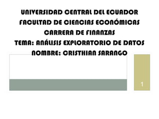 1
UNIVERSIDAD CENTRAL DEL ECUADOR
FACULTAD DE CIENCIAS ECONÓMICAS
CARRERA DE FINANZAS
TEMA: ANÁLISIS EXPLORATORIO DE DATOS
NOMBRE: CRISTHIAN SARANGO
 