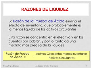 RAZONES DE LIQUIDEZ
La Razón de la Prueba de Ácido elimina el
efecto del inventario, que probablemente es
la menos líquida de los activos circulantes
Esta razón se concentra en el efectivo y en las
cuentas por cobrar, y por lo tanto da una
medida más precisa de la liquidez
Razón de Prueba
de Ácido =
Activos Circulantes menos inventarios
Pasivos Circulantes
Consulting & Strategy Análisis de Estados Financieros 19
 