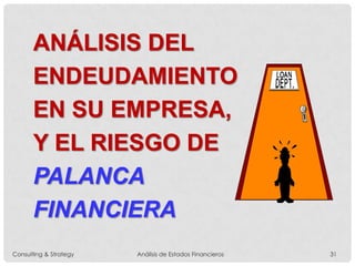 ANÁLISIS DEL
ENDEUDAMIENTO
EN SU EMPRESA,
Y EL RIESGO DE
PALANCA
FINANCIERA
Consulting & Strategy Análisis de Estados Financieros 31
 