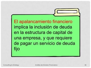 El apalancamiento financiero
implica la inclusión de deuda
en la estructura de capital de
una empresa, y que requiere
de pagar un servicio de deuda
fijo
Consulting & Strategy Análisis de Estados Financieros 35
 