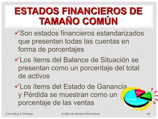 ESTADOS FINANCIEROS DE
TAMAÑO COMÚN
Son estados financieros estandarizados
que presentan todas las cuentas en
forma de porcentajes
Los ítems del Balance de Situación se
presentan como un porcentaje del total
de activos
Los ítems del Estado de Ganancia
y Pérdida se muestran como un
porcentaje de las ventas
Consulting & Strategy Análisis de Estados Financieros 44
 
