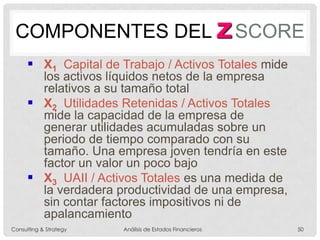 COMPONENTES DEL ZSCORE
 X1 Capital de Trabajo / Activos Totales mide
los activos líquidos netos de la empresa
relativos a su tamaño total
 X2 Utilidades Retenidas / Activos Totales
mide la capacidad de la empresa de
generar utilidades acumuladas sobre un
periodo de tiempo comparado con su
tamaño. Una empresa joven tendría en este
factor un valor un poco bajo
 X3 UAII / Activos Totales es una medida de
la verdadera productividad de una empresa,
sin contar factores impositivos ni de
apalancamiento
Consulting & Strategy Análisis de Estados Financieros 50
 