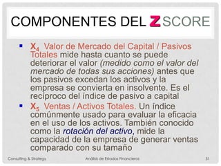  X4 Valor de Mercado del Capital / Pasivos
Totales mide hasta cuanto se puede
deteriorar el valor (medido como el valor del
mercado de todas sus acciones) antes que
los pasivos excedan los activos y la
empresa se convierta en insolvente. Es el
recíproco del índice de pasivo a capital
 X5 Ventas / Activos Totales. Un índice
comúnmente usado para evaluar la eficacia
en el uso de los activos. También conocido
como la rotación del activo, mide la
capacidad de la empresa de generar ventas
comparado con su tamaño
COMPONENTES DEL ZSCORE
Consulting & Strategy Análisis de Estados Financieros 51
 