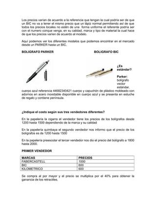 Los precios varían de acuerdo a la referencia que tengan la cual podría ser de que
un BIC no va a tener el mismo precio que un lápiz normal permitiendo así de que
todos los precios locales no estén de una forma uniforme el referente podría ser
con el numero conque venga, en su calidad, marca y tipo de material la cual hace
de que los precios varíen de acuerdo al modelo.

Aquí podemos ver los diferentes modelos que podemos encontrar en el mercado
desde un PARKER hasta un BIC.

BOLIGRAFO PARKER                                     BOLIGRAFO BIC



                                                                       ¿Es
                                                                       estándar?

                                                                  Parker:
                                                                  bolígrafo
                                                                  vector
                                                                  estándar,
cuerpo azul referencia 44682340421 cuerpo y capuchón de plástico moldeado con
adornos en acero inoxidable disponible en cuerpo azul y se presenta en estuche
de regalo y contiene península.



¿Indique el costo según sus tres vendedores diferentes?

En la papelería la cigarra el vendedor tiene los precios de los bolígrafos desde
1200 hasta 1500 dependiendo de la marca y su calidad

En la papelería quimbaya el segundo vendedor nos informo que el precio de los
bolígrafos es de 1200 hasta 1500

En la papelería preescolar el tercer vendedor nos dio el precio del bolígrafo a 1800
hasta 2000.

PRIMER VENDEDOR

MARCAS                                    PRECIOS
FABERCASTELL                              1000
BIC                                       600
KILOMETRICO                               600

Se compra al por mayor y el precio se multiplica por el 40% para obtener la
ganancia de los retractiles.
 