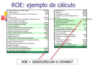 ROE: ejemplo de cálculo ROE = 182025/992128= 0,18346927 