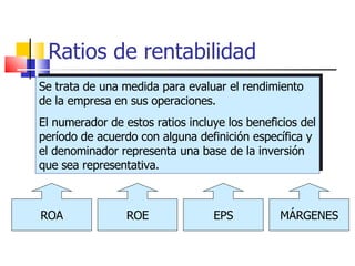 Ratios de rentabilidad Se trata de una medida para evaluar el rendimiento de la empresa en sus operaciones.  El numerador de estos ratios incluye los beneficios del período de acuerdo con alguna definición específica y el denominador representa una base de la inversión que sea representativa.  ROA ROE EPS MÁRGENES 