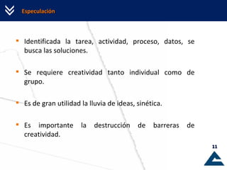 Especulación  Identificada la tarea, actividad, proceso, datos, se busca las   soluciones. Se requiere creatividad tanto individual como de grupo. Es de gran utilidad la lluvia de ideas, sinética.  Es importante la destrucción de barreras de creatividad. 