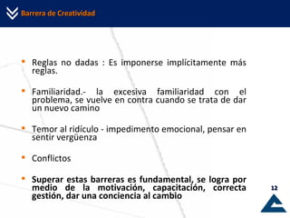 Reglas no dadas : Es imponerse implícitamente más reglas. Familiaridad.- la excesiva familiaridad con el problema, se vuelve en contra cuando se trata de dar un nuevo camino Temor al ridículo - impedimento emocional, pensar en sentir vergüenza Conflictos Superar estas barreras es fundamental, se logra por medio de la motivación, capacitación, correcta gestión, dar una conciencia al cambio Barrera de Creatividad  