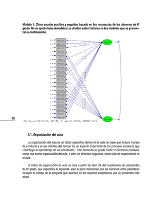 10
Modelo 1. Clima escolar positivo y negativo basado en las respuestas de los alumnos de 6º
grado. No se ajusta bien el modelo y se dividen estos factores en los modelos que se presen-
tan a continuación.
3.1. Organización del aula
La organización del aula es un factor específico dentro de la sala de clase que incluye manejo
de conducta y el uso efectivo del tiempo. Es un aspecto importante de los procesos escolares que
contribuye al aprendizaje de los estudiantes. Este elemento se puede medir en términos positivos,
como una buena organización del aula, o bien, en términos negativos, como falta de organización en
el aula.
El índice de organización de aula se crea a partir del ítem 24 del cuestionario de estudiantes
de 6º grado, que especifica lo siguiente. Vale la pena mencionar que los números entre paréntesis
incluyen el código de la pregunta que aparece en los modelos estadísticos que se presentan más
abajo.
 