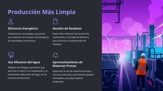 Producción Más Limpia
Eficiencia Energética
Implementar tecnologías y procesos
que reduzcan el consumo de energía en
las actividades productivas.
Gestión de Residuos
Desarrollar sistemas de recolección,
clasificación y reciclaje de desechos
para minimizar la generación de
residuos.
Uso Eficiente del Agua
Adoptar tecnologías y prácticas que
permitan el ahorro, la reutilización y el
tratamiento adecuado del agua en los
procesos productivos.
Aprovechamiento de
Materias Primas
Optimizar el uso de materias primas y
recursos naturales, priorizando aquellos
renovables y de bajo impacto
ambiental.
 