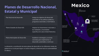 Planes de Desarrollo Nacional,
Estatal y Municipal
Plan Nacional de Desarrollo Integra los objetivos de desarrollo
sostenible en las políticas públicas y
programas sectoriales a nivel federal.
Planes Estatales de Desarrollo Adaptan los lineamientos nacionales a
las realidades y necesidades
específicas de cada entidad federativa.
Planes Municipales de Desarrollo Establecen estrategias y acciones
concretas para implementar el
desarrollo sustentable a nivel local.
La alineación y coordinación de estos planes de desarrollo en los diferentes niveles de
gobierno es crucial para lograr un avance integral y coherente hacia la sustentabilidad
en México.
 