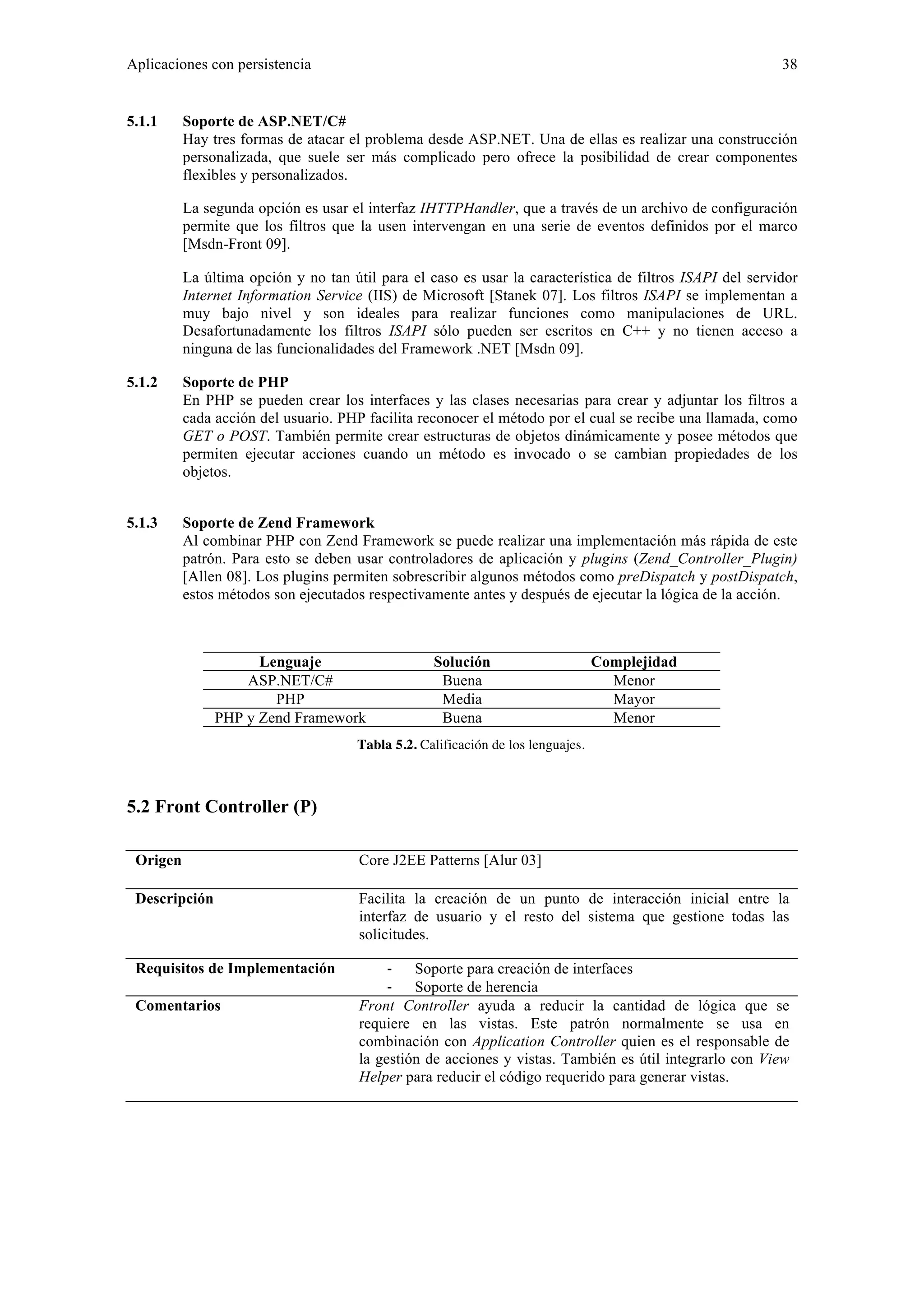 Aplicaciones con persistencia 38 
5.1.1 Soporte de ASP.NET/C# 
Hay tres formas de atacar el problema desde ASP.NET. Una de ellas es realizar una construcción 
personalizada, que suele ser más complicado pero ofrece la posibilidad de crear componentes 
flexibles y personalizados. 
La segunda opción es usar el interfaz IHTTPHandler, que a través de un archivo de configuración 
permite que los filtros que la usen intervengan en una serie de eventos definidos por el marco 
[Msdn-Front 09]. 
La última opción y no tan útil para el caso es usar la característica de filtros ISAPI del servidor 
Internet Information Service (IIS) de Microsoft [Stanek 07]. Los filtros ISAPI se implementan a 
muy bajo nivel y son ideales para realizar funciones como manipulaciones de URL. 
Desafortunadamente los filtros ISAPI sólo pueden ser escritos en C++ y no tienen acceso a 
ninguna de las funcionalidades del Framework .NET [Msdn 09]. 
5.1.2 Soporte de PHP 
En PHP se pueden crear los interfaces y las clases necesarias para crear y adjuntar los filtros a 
cada acción del usuario. PHP facilita reconocer el método por el cual se recibe una llamada, como 
GET o POST. También permite crear estructuras de objetos dinámicamente y posee métodos que 
permiten ejecutar acciones cuando un método es invocado o se cambian propiedades de los 
objetos. 
5.1.3 Soporte de Zend Framework 
Al combinar PHP con Zend Framework se puede realizar una implementación más rápida de este 
patrón. Para esto se deben usar controladores de aplicación y plugins (Zend_Controller_Plugin) 
[Allen 08]. Los plugins permiten sobrescribir algunos métodos como preDispatch y postDispatch, 
estos métodos son ejecutados respectivamente antes y después de ejecutar la lógica de la acción. 
Lenguaje Solución Complejidad 
ASP.NET/C# Buena Menor 
PHP Media Mayor 
PHP y Zend Framework Buena Menor 
Tabla 5.2. Calificación de los lenguajes. 
5.2 Front Controller (P) 
Origen Core J2EE Patterns [Alur 03] 
Descripción Facilita la creación de un punto de interacción inicial entre la 
interfaz de usuario y el resto del sistema que gestione todas las 
solicitudes. 
Requisitos de Implementación ‐ Soporte para creación de interfaces 
‐ Soporte de herencia 
Comentarios Front Controller ayuda a reducir la cantidad de lógica que se 
requiere en las vistas. Este patrón normalmente se usa en 
combinación con Application Controller quien es el responsable de 
la gestión de acciones y vistas. También es útil integrarlo con View 
Helper para reducir el código requerido para generar vistas. 
 