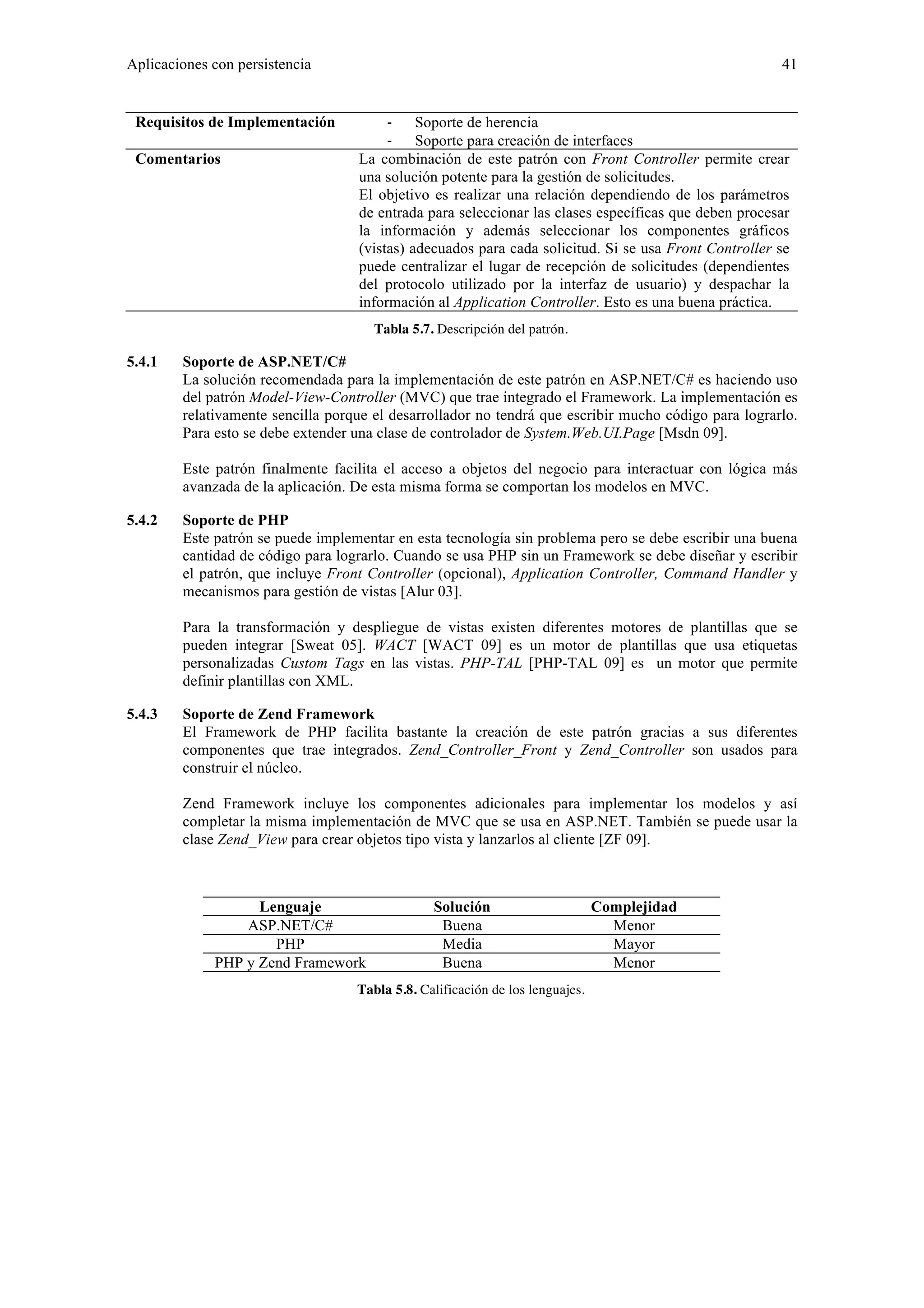 Aplicaciones con persistencia 41 
Requisitos de Implementación ‐ Soporte de herencia 
‐ Soporte para creación de interfaces 
Comentarios La combinación de este patrón con Front Controller permite crear 
una solución potente para la gestión de solicitudes. 
El objetivo es realizar una relación dependiendo de los parámetros 
de entrada para seleccionar las clases específicas que deben procesar 
la información y además seleccionar los componentes gráficos 
(vistas) adecuados para cada solicitud. Si se usa Front Controller se 
puede centralizar el lugar de recepción de solicitudes (dependientes 
del protocolo utilizado por la interfaz de usuario) y despachar la 
información al Application Controller. Esto es una buena práctica. 
Tabla 5.7. Descripción del patrón. 
5.4.1 Soporte de ASP.NET/C# 
La solución recomendada para la implementación de este patrón en ASP.NET/C# es haciendo uso 
del patrón Model-View-Controller (MVC) que trae integrado el Framework. La implementación es 
relativamente sencilla porque el desarrollador no tendrá que escribir mucho código para lograrlo. 
Para esto se debe extender una clase de controlador de System.Web.UI.Page [Msdn 09]. 
Este patrón finalmente facilita el acceso a objetos del negocio para interactuar con lógica más 
avanzada de la aplicación. De esta misma forma se comportan los modelos en MVC. 
5.4.2 Soporte de PHP 
Este patrón se puede implementar en esta tecnología sin problema pero se debe escribir una buena 
cantidad de código para lograrlo. Cuando se usa PHP sin un Framework se debe diseñar y escribir 
el patrón, que incluye Front Controller (opcional), Application Controller, Command Handler y 
mecanismos para gestión de vistas [Alur 03]. 
Para la transformación y despliegue de vistas existen diferentes motores de plantillas que se 
pueden integrar [Sweat 05]. WACT [WACT 09] es un motor de plantillas que usa etiquetas 
personalizadas Custom Tags en las vistas. PHP-TAL [PHP-TAL 09] es un motor que permite 
definir plantillas con XML. 
5.4.3 Soporte de Zend Framework 
El Framework de PHP facilita bastante la creación de este patrón gracias a sus diferentes 
componentes que trae integrados. Zend_Controller_Front y Zend_Controller son usados para 
construir el núcleo. 
Zend Framework incluye los componentes adicionales para implementar los modelos y así 
completar la misma implementación de MVC que se usa en ASP.NET. También se puede usar la 
clase Zend_View para crear objetos tipo vista y lanzarlos al cliente [ZF 09]. 
Lenguaje Solución Complejidad 
ASP.NET/C# Buena Menor 
PHP Media Mayor 
PHP y Zend Framework Buena Menor 
Tabla 5.8. Calificación de los lenguajes. 
 