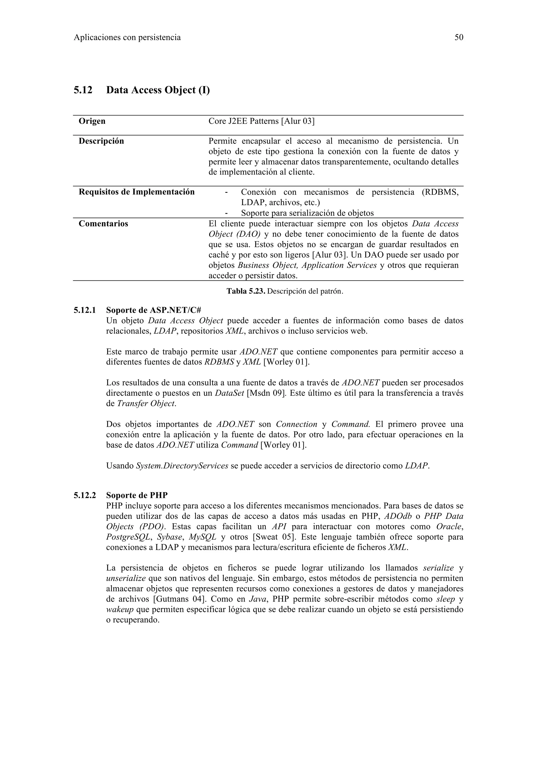 Aplicaciones con persistencia 50 
5.12 Data Access Object (I) 
Origen Core J2EE Patterns [Alur 03] 
Descripción Permite encapsular el acceso al mecanismo de persistencia. Un 
objeto de este tipo gestiona la conexión con la fuente de datos y 
permite leer y almacenar datos transparentemente, ocultando detalles 
de implementación al cliente. 
Requisitos de Implementación ‐ Conexión con mecanismos de persistencia (RDBMS, 
LDAP, archivos, etc.) 
‐ Soporte para serialización de objetos 
Comentarios El cliente puede interactuar siempre con los objetos Data Access 
Object (DAO) y no debe tener conocimiento de la fuente de datos 
que se usa. Estos objetos no se encargan de guardar resultados en 
caché y por esto son ligeros [Alur 03]. Un DAO puede ser usado por 
objetos Business Object, Application Services y otros que requieran 
acceder o persistir datos. 
Tabla 5.23. Descripción del patrón. 
5.12.1 Soporte de ASP.NET/C# 
Un objeto Data Access Object puede acceder a fuentes de información como bases de datos 
relacionales, LDAP, repositorios XML, archivos o incluso servicios web. 
Este marco de trabajo permite usar ADO.NET que contiene componentes para permitir acceso a 
diferentes fuentes de datos RDBMS y XML [Worley 01]. 
Los resultados de una consulta a una fuente de datos a través de ADO.NET pueden ser procesados 
directamente o puestos en un DataSet [Msdn 09]. Este último es útil para la transferencia a través 
de Transfer Object. 
Dos objetos importantes de ADO.NET son Connection y Command. El primero provee una 
conexión entre la aplicación y la fuente de datos. Por otro lado, para efectuar operaciones en la 
base de datos ADO.NET utiliza Command [Worley 01]. 
Usando System.DirectoryServices se puede acceder a servicios de directorio como LDAP. 
5.12.2 Soporte de PHP 
PHP incluye soporte para acceso a los diferentes mecanismos mencionados. Para bases de datos se 
pueden utilizar dos de las capas de acceso a datos más usadas en PHP, ADOdb o PHP Data 
Objects (PDO). Estas capas facilitan un API para interactuar con motores como Oracle, 
PostgreSQL, Sybase, MySQL y otros [Sweat 05]. Este lenguaje también ofrece soporte para 
conexiones a LDAP y mecanismos para lectura/escritura eficiente de ficheros XML. 
La persistencia de objetos en ficheros se puede lograr utilizando los llamados serialize y 
unserialize que son nativos del lenguaje. Sin embargo, estos métodos de persistencia no permiten 
almacenar objetos que representen recursos como conexiones a gestores de datos y manejadores 
de archivos [Gutmans 04]. Como en Java, PHP permite sobre-escribir métodos como sleep y 
wakeup que permiten especificar lógica que se debe realizar cuando un objeto se está persistiendo 
o recuperando. 
 