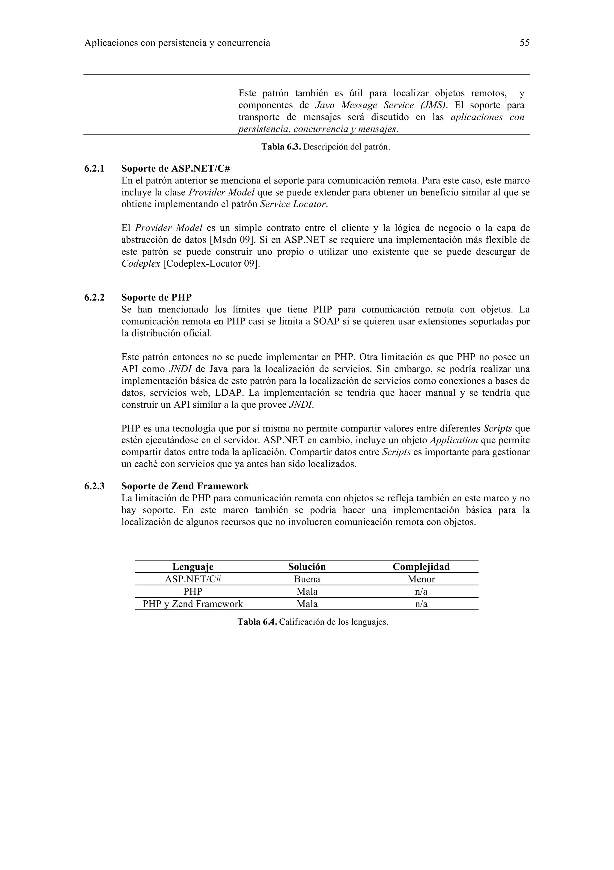 Aplicaciones con persistencia y concurrencia 55 
Este patrón también es útil para localizar objetos remotos, y 
componentes de Java Message Service (JMS). El soporte para 
transporte de mensajes será discutido en las aplicaciones con 
persistencia, concurrencia y mensajes. 
Tabla 6.3. Descripción del patrón. 
6.2.1 Soporte de ASP.NET/C# 
En el patrón anterior se menciona el soporte para comunicación remota. Para este caso, este marco 
incluye la clase Provider Model que se puede extender para obtener un beneficio similar al que se 
obtiene implementando el patrón Service Locator. 
El Provider Model es un simple contrato entre el cliente y la lógica de negocio o la capa de 
abstracción de datos [Msdn 09]. Si en ASP.NET se requiere una implementación más flexible de 
este patrón se puede construir uno propio o utilizar uno existente que se puede descargar de 
Codeplex [Codeplex-Locator 09]. 
6.2.2 Soporte de PHP 
Se han mencionado los límites que tiene PHP para comunicación remota con objetos. La 
comunicación remota en PHP casi se limita a SOAP si se quieren usar extensiones soportadas por 
la distribución oficial. 
Este patrón entonces no se puede implementar en PHP. Otra limitación es que PHP no posee un 
API como JNDI de Java para la localización de servicios. Sin embargo, se podría realizar una 
implementación básica de este patrón para la localización de servicios como conexiones a bases de 
datos, servicios web, LDAP. La implementación se tendría que hacer manual y se tendría que 
construir un API similar a la que provee JNDI. 
PHP es una tecnología que por sí misma no permite compartir valores entre diferentes Scripts que 
estén ejecutándose en el servidor. ASP.NET en cambio, incluye un objeto Application que permite 
compartir datos entre toda la aplicación. Compartir datos entre Scripts es importante para gestionar 
un caché con servicios que ya antes han sido localizados. 
6.2.3 Soporte de Zend Framework 
La limitación de PHP para comunicación remota con objetos se refleja también en este marco y no 
hay soporte. En este marco también se podría hacer una implementación básica para la 
localización de algunos recursos que no involucren comunicación remota con objetos. 
Lenguaje Solución Complejidad 
ASP.NET/C# Buena Menor 
PHP Mala n/a 
PHP y Zend Framework Mala n/a 
Tabla 6.4. Calificación de los lenguajes. 
 