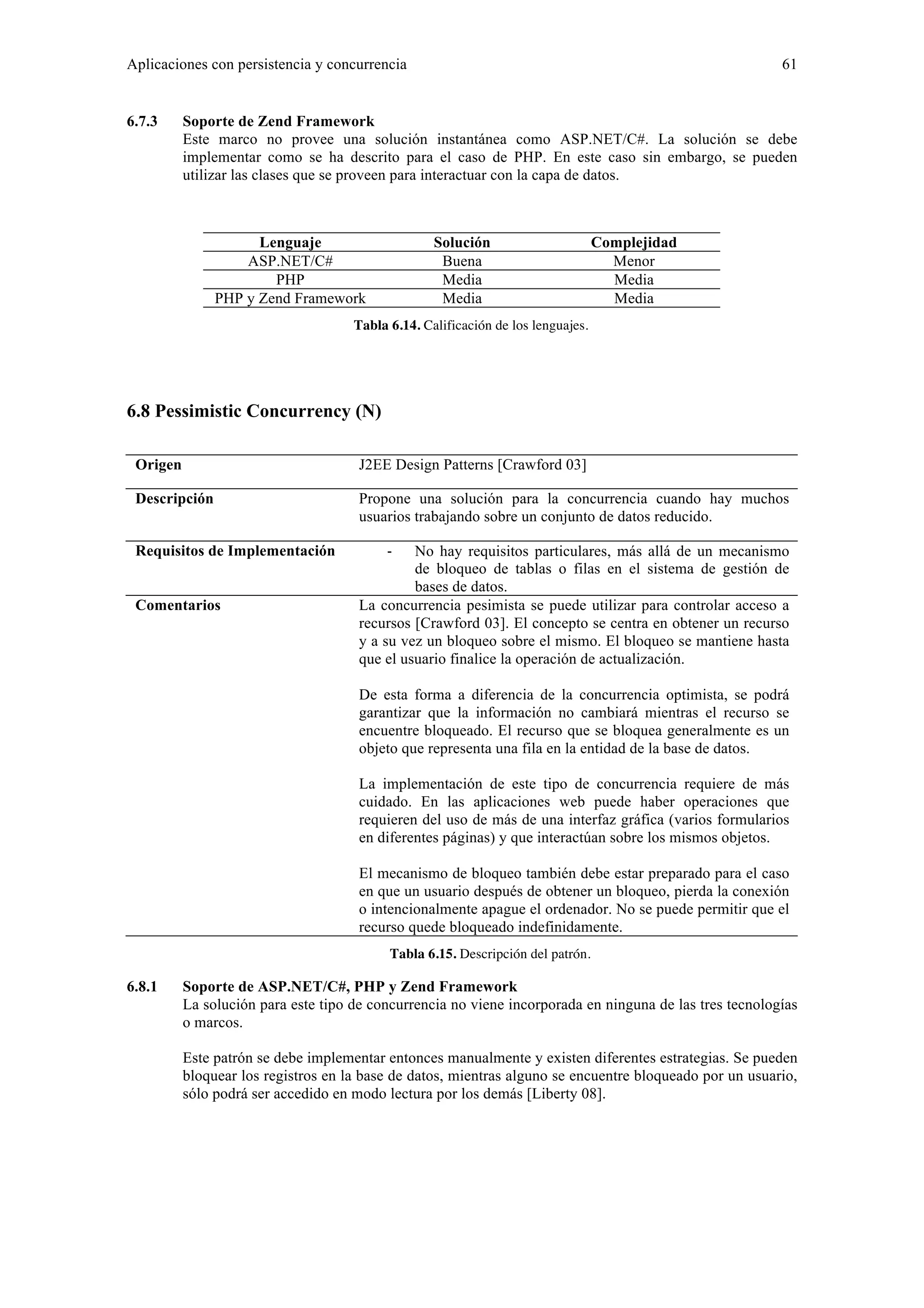Aplicaciones con persistencia y concurrencia 61 
6.7.3 Soporte de Zend Framework 
Este marco no provee una solución instantánea como ASP.NET/C#. La solución se debe 
implementar como se ha descrito para el caso de PHP. En este caso sin embargo, se pueden 
utilizar las clases que se proveen para interactuar con la capa de datos. 
Lenguaje Solución Complejidad 
ASP.NET/C# Buena Menor 
PHP Media Media 
PHP y Zend Framework Media Media 
Tabla 6.14. Calificación de los lenguajes. 
6.8 Pessimistic Concurrency (N) 
Origen J2EE Design Patterns [Crawford 03] 
Descripción Propone una solución para la concurrencia cuando hay muchos 
usuarios trabajando sobre un conjunto de datos reducido. 
Requisitos de Implementación ‐ No hay requisitos particulares, más allá de un mecanismo 
de bloqueo de tablas o filas en el sistema de gestión de 
bases de datos. 
Comentarios La concurrencia pesimista se puede utilizar para controlar acceso a 
recursos [Crawford 03]. El concepto se centra en obtener un recurso 
y a su vez un bloqueo sobre el mismo. El bloqueo se mantiene hasta 
que el usuario finalice la operación de actualización. 
De esta forma a diferencia de la concurrencia optimista, se podrá 
garantizar que la información no cambiará mientras el recurso se 
encuentre bloqueado. El recurso que se bloquea generalmente es un 
objeto que representa una fila en la entidad de la base de datos. 
La implementación de este tipo de concurrencia requiere de más 
cuidado. En las aplicaciones web puede haber operaciones que 
requieren del uso de más de una interfaz gráfica (varios formularios 
en diferentes páginas) y que interactúan sobre los mismos objetos. 
El mecanismo de bloqueo también debe estar preparado para el caso 
en que un usuario después de obtener un bloqueo, pierda la conexión 
o intencionalmente apague el ordenador. No se puede permitir que el 
recurso quede bloqueado indefinidamente. 
Tabla 6.15. Descripción del patrón. 
6.8.1 Soporte de ASP.NET/C#, PHP y Zend Framework 
La solución para este tipo de concurrencia no viene incorporada en ninguna de las tres tecnologías 
o marcos. 
Este patrón se debe implementar entonces manualmente y existen diferentes estrategias. Se pueden 
bloquear los registros en la base de datos, mientras alguno se encuentre bloqueado por un usuario, 
sólo podrá ser accedido en modo lectura por los demás [Liberty 08]. 
 
