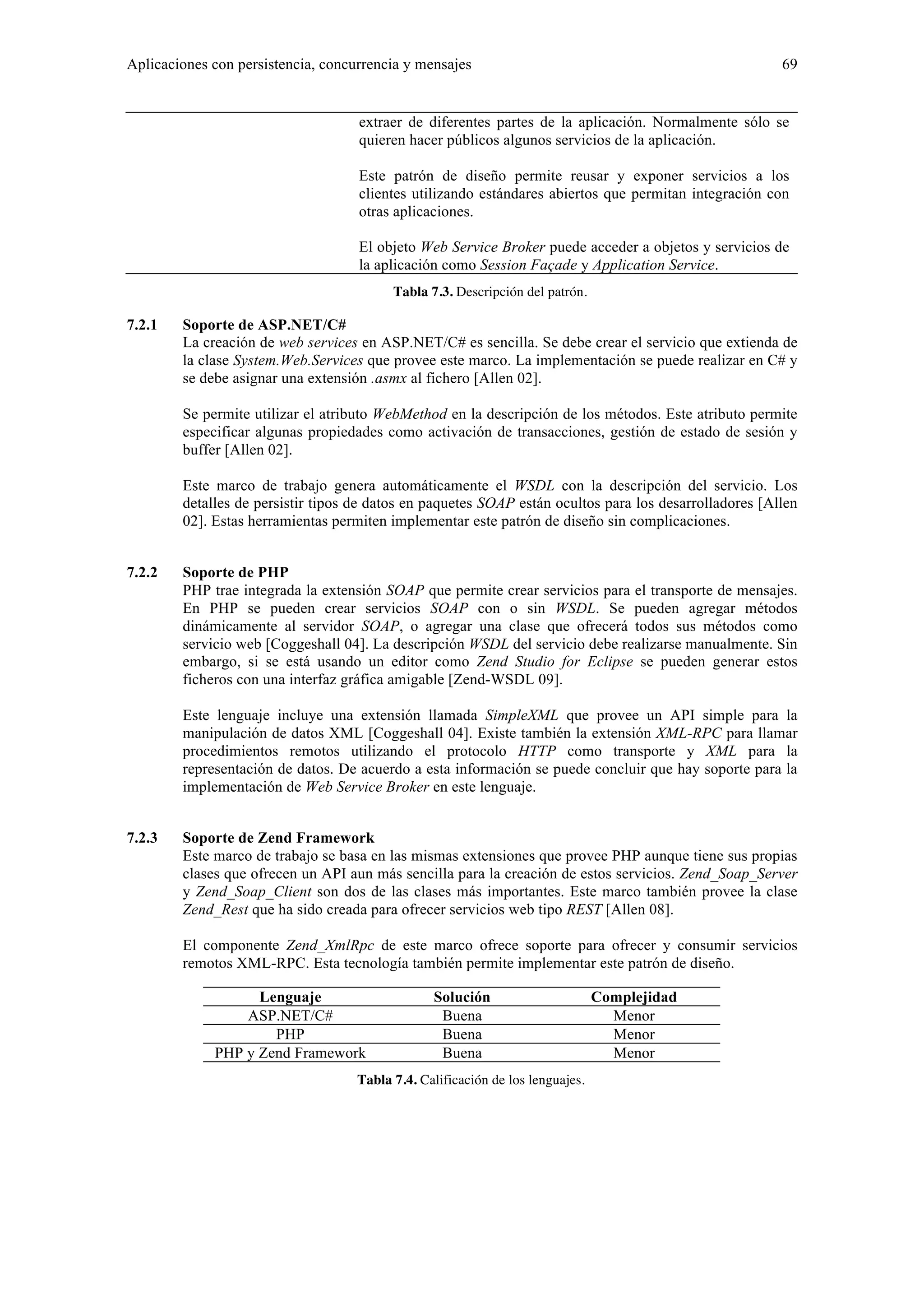 Aplicaciones con persistencia, concurrencia y mensajes 69 
extraer de diferentes partes de la aplicación. Normalmente sólo se 
quieren hacer públicos algunos servicios de la aplicación. 
Este patrón de diseño permite reusar y exponer servicios a los 
clientes utilizando estándares abiertos que permitan integración con 
otras aplicaciones. 
El objeto Web Service Broker puede acceder a objetos y servicios de 
la aplicación como Session Façade y Application Service. 
Tabla 7.3. Descripción del patrón. 
7.2.1 Soporte de ASP.NET/C# 
La creación de web services en ASP.NET/C# es sencilla. Se debe crear el servicio que extienda de 
la clase System.Web.Services que provee este marco. La implementación se puede realizar en C# y 
se debe asignar una extensión .asmx al fichero [Allen 02]. 
Se permite utilizar el atributo WebMethod en la descripción de los métodos. Este atributo permite 
especificar algunas propiedades como activación de transacciones, gestión de estado de sesión y 
buffer [Allen 02]. 
Este marco de trabajo genera automáticamente el WSDL con la descripción del servicio. Los 
detalles de persistir tipos de datos en paquetes SOAP están ocultos para los desarrolladores [Allen 
02]. Estas herramientas permiten implementar este patrón de diseño sin complicaciones. 
7.2.2 Soporte de PHP 
PHP trae integrada la extensión SOAP que permite crear servicios para el transporte de mensajes. 
En PHP se pueden crear servicios SOAP con o sin WSDL. Se pueden agregar métodos 
dinámicamente al servidor SOAP, o agregar una clase que ofrecerá todos sus métodos como 
servicio web [Coggeshall 04]. La descripción WSDL del servicio debe realizarse manualmente. Sin 
embargo, si se está usando un editor como Zend Studio for Eclipse se pueden generar estos 
ficheros con una interfaz gráfica amigable [Zend-WSDL 09]. 
Este lenguaje incluye una extensión llamada SimpleXML que provee un API simple para la 
manipulación de datos XML [Coggeshall 04]. Existe también la extensión XML-RPC para llamar 
procedimientos remotos utilizando el protocolo HTTP como transporte y XML para la 
representación de datos. De acuerdo a esta información se puede concluir que hay soporte para la 
implementación de Web Service Broker en este lenguaje. 
7.2.3 Soporte de Zend Framework 
Este marco de trabajo se basa en las mismas extensiones que provee PHP aunque tiene sus propias 
clases que ofrecen un API aun más sencilla para la creación de estos servicios. Zend_Soap_Server 
y Zend_Soap_Client son dos de las clases más importantes. Este marco también provee la clase 
Zend_Rest que ha sido creada para ofrecer servicios web tipo REST [Allen 08]. 
El componente Zend_XmlRpc de este marco ofrece soporte para ofrecer y consumir servicios 
remotos XML-RPC. Esta tecnología también permite implementar este patrón de diseño. 
Lenguaje Solución Complejidad 
ASP.NET/C# Buena Menor 
PHP Buena Menor 
PHP y Zend Framework Buena Menor 
Tabla 7.4. Calificación de los lenguajes. 
 