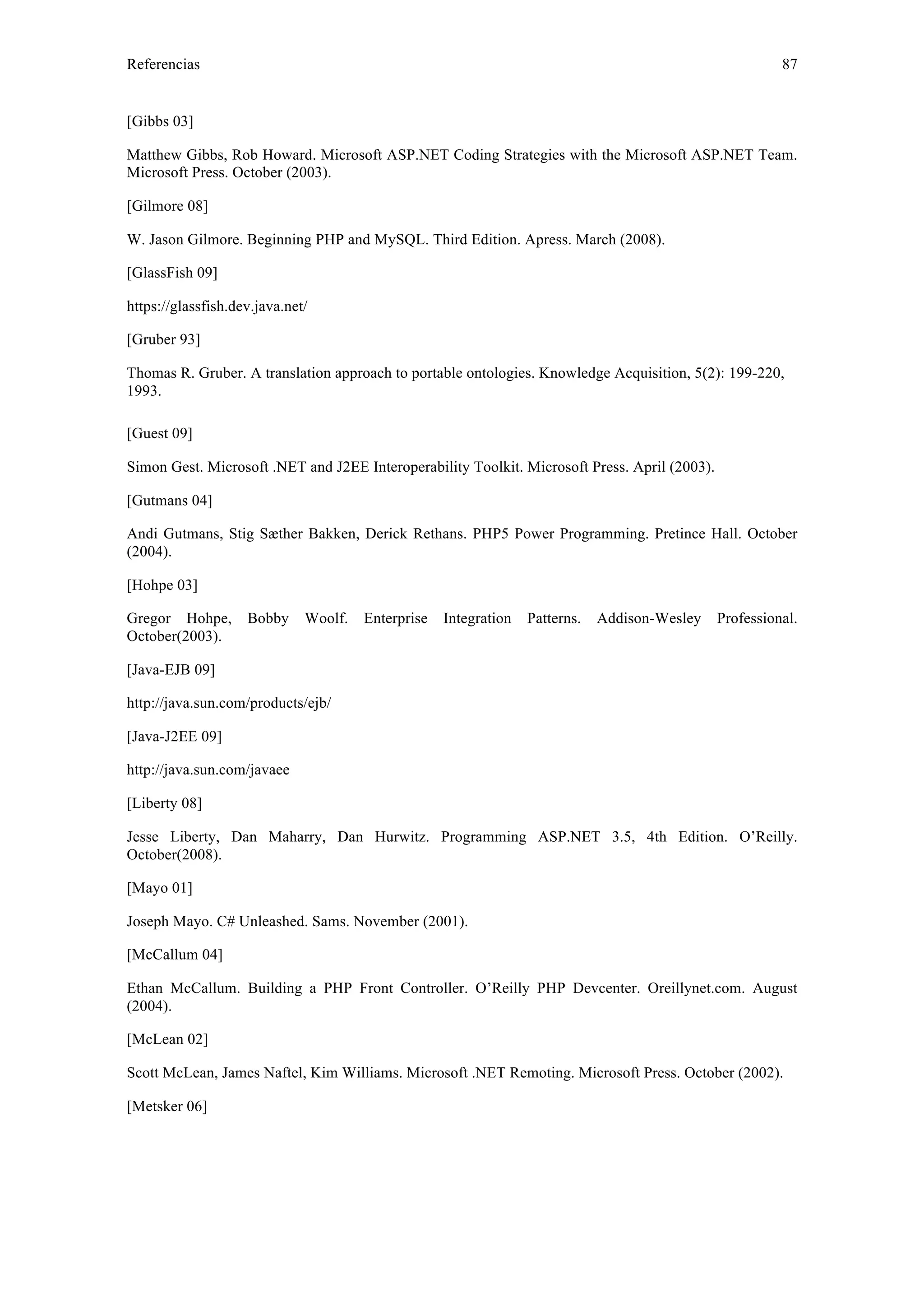 Referencias 87 
[Gibbs 03] 
Matthew Gibbs, Rob Howard. Microsoft ASP.NET Coding Strategies with the Microsoft ASP.NET Team. 
Microsoft Press. October (2003). 
[Gilmore 08] 
W. Jason Gilmore. Beginning PHP and MySQL. Third Edition. Apress. March (2008). 
[GlassFish 09] 
https://glassfish.dev.java.net/ 
[Gruber 93] 
Thomas R. Gruber. A translation approach to portable ontologies. Knowledge Acquisition, 5(2): 199-220, 
1993. 
[Guest 09] 
Simon Gest. Microsoft .NET and J2EE Interoperability Toolkit. Microsoft Press. April (2003). 
[Gutmans 04] 
Andi Gutmans, Stig Sæther Bakken, Derick Rethans. PHP5 Power Programming. Pretince Hall. October 
(2004). 
[Hohpe 03] 
Gregor Hohpe, Bobby Woolf. Enterprise Integration Patterns. Addison-Wesley Professional. 
October(2003). 
[Java-EJB 09] 
http://java.sun.com/products/ejb/ 
[Java-J2EE 09] 
http://java.sun.com/javaee 
[Liberty 08] 
Jesse Liberty, Dan Maharry, Dan Hurwitz. Programming ASP.NET 3.5, 4th Edition. O’Reilly. 
October(2008). 
[Mayo 01] 
Joseph Mayo. C# Unleashed. Sams. November (2001). 
[McCallum 04] 
Ethan McCallum. Building a PHP Front Controller. O’Reilly PHP Devcenter. Oreillynet.com. August 
(2004). 
[McLean 02] 
Scott McLean, James Naftel, Kim Williams. Microsoft .NET Remoting. Microsoft Press. October (2002). 
[Metsker 06] 
 