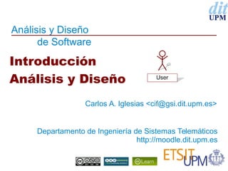 Análisis y Diseño
de Software

Introducción
Análisis y Diseño
Carlos A. Iglesias <cif@gsi.dit.upm.es>

Departamento de Ingeniería de Sistemas Telemáticos
http://moodle.dit.upm.es

 