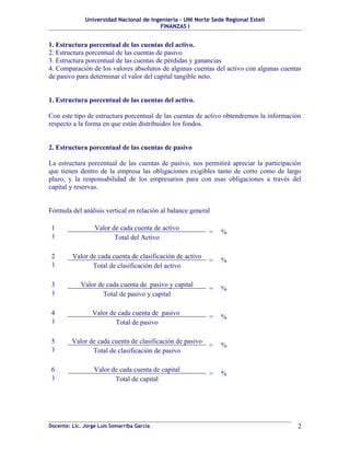 Universidad Nacional de Ingeniería – UNI Norte Sede Regional Estelí
FINANZAS I
1. Estructura porcentual de las cuentas del activo.
2. Estructura porcentual de las cuentas de pasivo
3. Estructura porcentual de las cuentas de pérdidas y ganancias
4. Comparación de los valores absolutos de algunas cuentas del activo con algunas cuentas
de pasivo para determinar el valor del capital tangible neto.
1. Estructura porcentual de las cuentas del activo.
Con este tipo de estructura porcentual de las cuentas de activo obtendremos la información
respecto a la forma en que están distribuidos los fondos.
2. Estructura porcentual de las cuentas de pasivo
La estructura porcentual de las cuentas de pasivo, nos permitirá apreciar la participación
que tienen dentro de la empresa las obligaciones exigibles tanto de corto como de largo
plazo, y la responsabilidad de los empresarios para con esas obligaciones a través del
capital y reservas.
Fórmula del análisis vertical en relación al balance general
1
)
Valor de cada cuenta de activo
= %
Total del Activo
2
)
Valor de cada cuenta de clasificación de activo
= %
Total de clasificación del activo
3
)
Valor de cada cuenta de pasivo y capital
= %
Total de pasivo y capital
4
)
Valor de cada cuenta de pasivo
= %
Total de pasivo
5
)
Valor de cada cuenta de clasificación de pasivo
= %
Total de clasificación de pasivo
6
)
Valor de cada cuenta de capital
= %
Total de capital
Docente: Lic. Jorge Luis Somarriba García 2
 