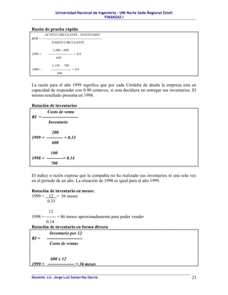Universidad Nacional de Ingeniería – UNI Norte Sede Regional Estelí
FINANZAS I
Razón de prueba rápida
ACTIVO CIRCULANTE - INVENTARIO
RPR = ------------------------------------------------------
PASIVO CIRCULANTE
1,400 – 600
1999 = ---------------------- = 0.9
850
1,150 - 700
1998= ------------------ = 0.9
500
La razón para el año 1999 significa que por cada Córdoba de deuda la empresa esta en
capacidad de responder con 0.90 centavos, si esta decidiera no entregar sus inventarios. El
mismo resultado presenta en 1998.
Rotación de inventarios
Costo de venta
RI = ------------------------
Inventario
200
1999 = ----------- = 0.33
600
100
1998 = -----------= 0.14
700
El índice o razón expresa que la compañía no ha realizado sus inventarios ni una sola vez
en el período de un año. La situación de 1998 es igual para el año 1999.
Rotación de inventario en meses:
1999 = 12 = 36 meses
0.33
12
1998 = ------- = 86 meses aproximadamente para poder vender
0.14
Rotación de inventario en forma directa
Inventario por 12
RI = ------------------------
Costo de ventas
600 x 12
1999 = ------------------ = 36 meses
Docente: Lic. Jorge Luis Somarriba García 23
 