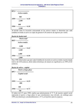 Universidad Nacional de Ingeniería – UNI Norte Sede Regional Estelí
FINANZAS I
RTA = ----------------------
Activos totales
900
1999 = --------------- = 0.38
2,400
800
1998 = --------------- = 0.38
2,100
Al dividir entre la inversión concentrada en los activos totales se determina que cada
córdoba invertido es activo es capaz de generar 0.38 centavos de ingresos por ventas.
Razón de deuda total
Pasivo total
RDT = ---------------------
Activos totales
1,000
1999 = --------------- = 0.42
2,400
1,000
1998 = --------------- = 0.50
2,000
Para 1998 observamos que por cada Córdoba de inversión en activos totales nuestra deuda
total es de 0.50 centavos, dicho índice disminuyo de manera no significativa en 1999 a 0.42
centavos.
Razón de activo – capital
Pasivo a largo plazo
RPC = ------------------------------
Capital social
150
1999 = --------------- = 0.19
800
500
1998 = --------------- = 0.71
700
El índice de 0.71 para 1998, explica que prácticamente el 71 % de nuestro capital social
representa el pasivo a largo plazo lo que consideramos muy elevado, sin embargo para
1999 este disminuyó considerablemente a 19 % en beneficio para la empresa.
Docente: Lic. Jorge Luis Somarriba García 26
 