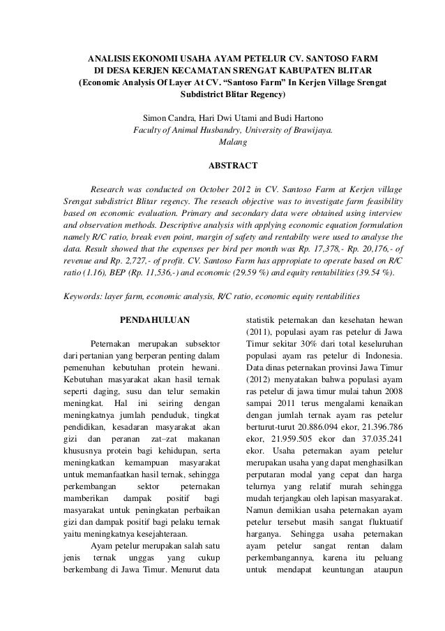 Analisis Ekonomi Usaha Ayam Petelur Cv Santoso Farm Di Desa Kerjen K