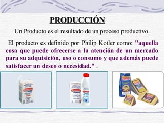 PRODUCCIÓN Un Producto es el resultado de un proceso productivo. El producto es definido por Philip Kotler como:  &quot;aq...