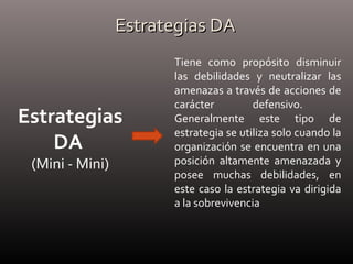Estrategias DAEstrategias DA
Estrategias
DA
(Mini - Mini)
Tiene como propósito disminuir
las debilidades y neutralizar las
amenazas a través de acciones de
carácter defensivo.
Generalmente este tipo de
estrategia se utiliza solo cuando la
organización se encuentra en una
posición altamente amenazada y
posee muchas debilidades, en
este caso la estrategia va dirigida
a la sobrevivencia
 