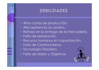 DEBILIDADESDEBILIDADES
• Altos costos de producción.
• Alta resistencia al cambio.
• Retraso en la entrega de la mercadería.
• Falta de planeación.
• Recursos humanos sin capacitación.
• Falta de Control Interno.
• Tecnología Obsoleta.
• Falta de Misión y Objetivos
 
