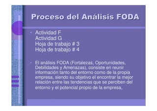 Proceso del AnProceso del Anáálisis FODAlisis FODA
• Actividad F
Actividad G
Hoja de trabajo # 3
Hoja de trabajo # 4
• El análisis FODA (Fortalezas, Oportunidades,
Debilidades y Amenazas), consiste en reunir
información tanto del entorno como de la propia
empresa, siendo su objetivo el encontrar la mejor
relación entre las tendencias que se perciben del
entorno y el potencial propio de la empresa,
 