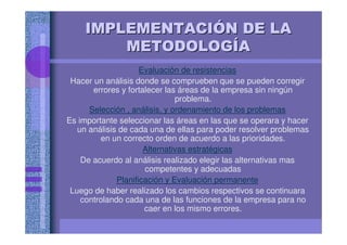IMPLEMENTACIIMPLEMENTACIIMPLEMENTACIIMPLEMENTACIIMPLEMENTACIIMPLEMENTACIIMPLEMENTACIIMPLEMENTACIÓÓÓÓÓÓÓÓN DE LAN DE LAN DE LAN DE LAN DE LAN DE LAN DE LAN DE LA
METODOLOGMETODOLOGMETODOLOGMETODOLOGMETODOLOGMETODOLOGMETODOLOGMETODOLOGÍÍÍÍÍÍÍÍAAAAAAAA
Evaluación de resistencias
Hacer un análisis donde se comprueben que se pueden corregir
errores y fortalecer las áreas de la empresa sin ningún
problema.
Selección , análisis, y ordenamiento de los problemas
Es importante seleccionar las áreas en las que se operara y hacer
un análisis de cada una de ellas para poder resolver problemas
en un correcto orden de acuerdo a las prioridades.
Alternativas estratégicas
De acuerdo al análisis realizado elegir las alternativas mas
competentes y adecuadas
Planificación y Evaluación permanente
Luego de haber realizado los cambios respectivos se continuara
controlando cada una de las funciones de la empresa para no
caer en los mismo errores.
 