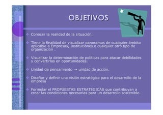 OBJETIVOSOBJETIVOS
Conocer la realidad de la situación.
Tiene la finalidad de visualizar panoramas de cualquier ámbito
aplicable a Empresas, Instituciones o cualquier otro tipo de
organización .
Visualizar la determinación de políticas para atacar debilidades
y convertirlas en oportunidades.
Unidad de pensamiento unidad de acción.
Diseñar y definir una visión estratégica para el desarrollo de la
empresa
Formular el PROPUESTAS ESTRATEGICAS que contribuyan a
crear las condiciones necesarias para un desarrollo sostenible.
 