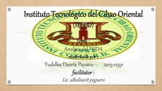 Instituto Tecnológico del Cibao Oriental
(ITECO)
tema :
Analisis del FODA
sustentado por :
Yudelka Duerte Payano 2013-0591
facilitator :
Lic. albalissett peguero
 