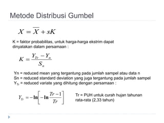 Metode Distribusi Gumbel
sKXX 
K = faktor probabilitas, untuk harga-harga ekstrim dapat
dinyatakan dalam persamaan :
n
nTr
S
YY
K


Yn = reduced mean yang tergantung pada jumlah sampel atau data n
Sn = reduced standard deviation yang juga tergantung pada jumlah sampel
YTr = reduced variate yang dihitung dengan persamaan :





 

Tr
Tr
YTr
1
lnln Tr = PUH untuk curah hujan tahunan
rata-rata (2,33 tahun)
 