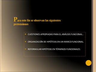 CUESTIONES APROPIADAS PARA EL ANÁLISIS FUNCIONAL . ORGANIZACIÓN DE HIPÓTESIS EN UN MARCO FUNCIONAL. REFORMULAR HIPÓTESIS EN TÉRMINOS FUNCIONALES .  P ar a este fin se observan las siguientes pretensiones 