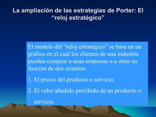 La ampliación de las estrategias de Porter: El “reloj estratégico” El modelo del “reloj estratégico” se basa en un gráfico en el cual los clientes de una industria pueden comprar a unas empresas o a otras en función de dos criterios: 1. El precio del producto o servicio. 2. El valor añadido percibido de un producto o  servicio. 