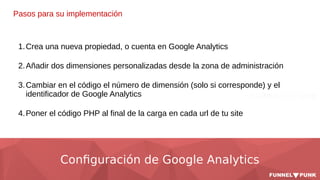 Configuración de Google Analytics
Pasos para su implementación
1.Crea una nueva propiedad, o cuenta en Google Analytics
2.Añadir dos dimensiones personalizadas desde la zona de administración
3.Cambiar en el código el número de dimensión (solo si corresponde) y el
identificador de Google Analytics
4.Poner el código PHP al final de la carga en cada url de tu site
 